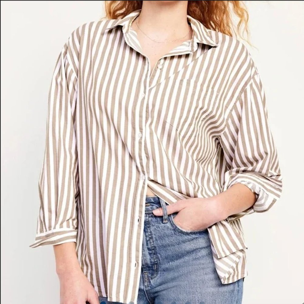 NWT OLD NAVY Oversized Button-Down BOYFRIEND Shirt Earth Brown Stripe